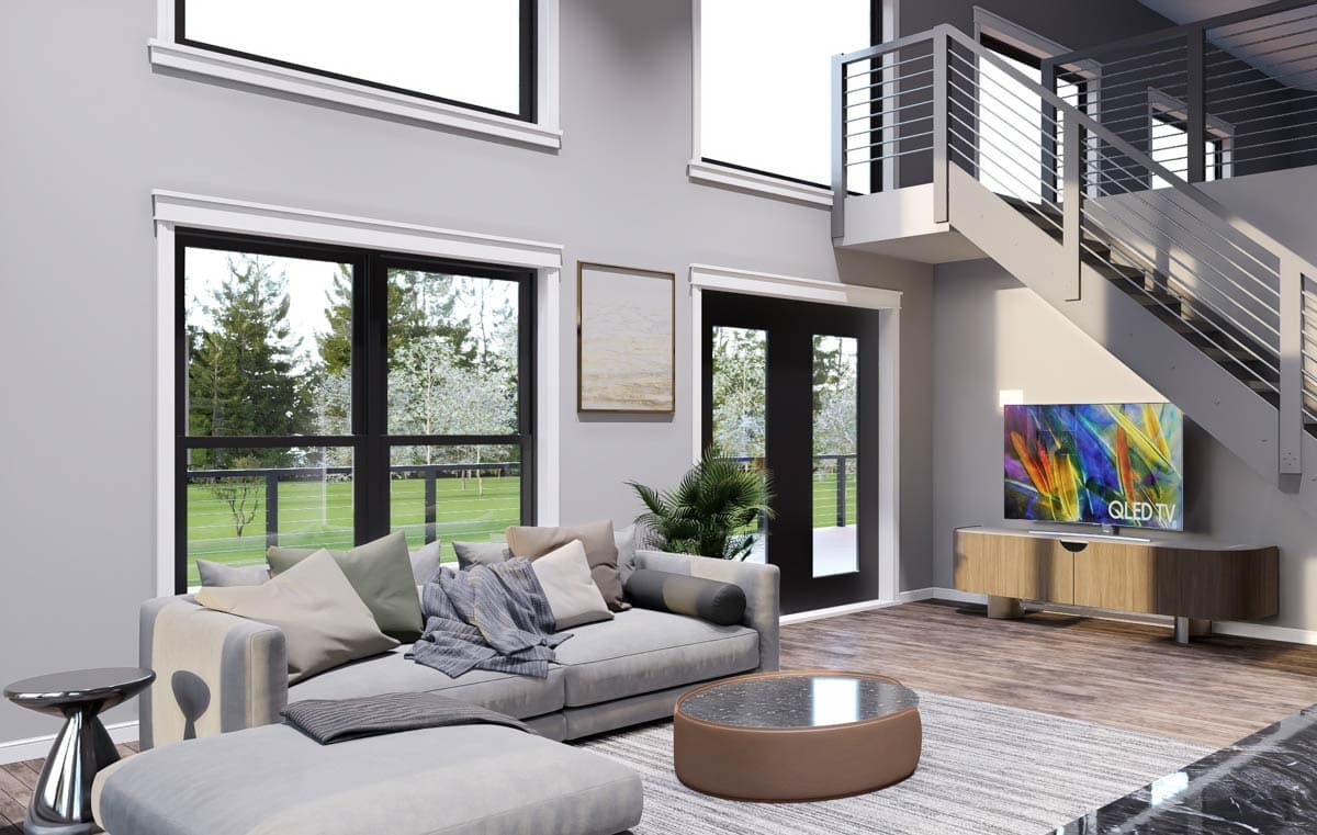 Interior rendering of a living room with a sectional sofa, large windows, and a modern staircase with metal railings.