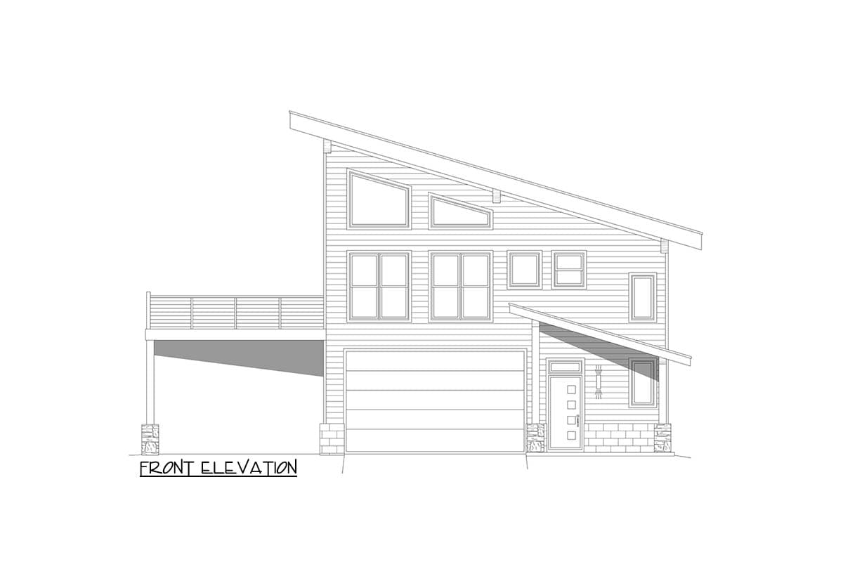 Front elevation drawing of a modern house plan with a steeply sloped roof, large garage, and deck.