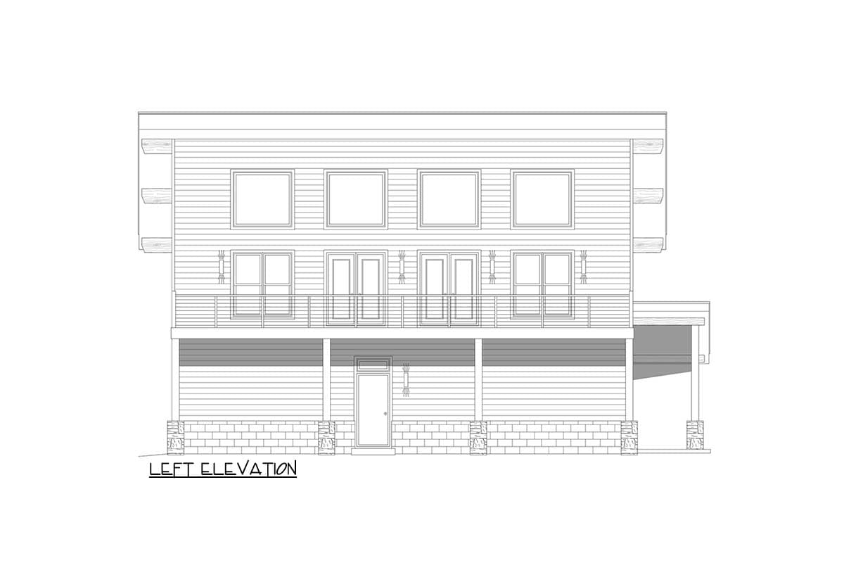 Left elevation house plan drawing showing a two-story modern home with horizontal siding, multiple windows, balconies, and a covered entrance.
