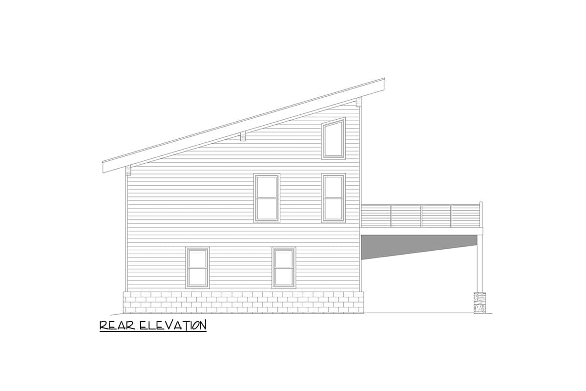 Rear elevation of a two-story house plan featuring a shed roof, horizontal siding, and a deck.