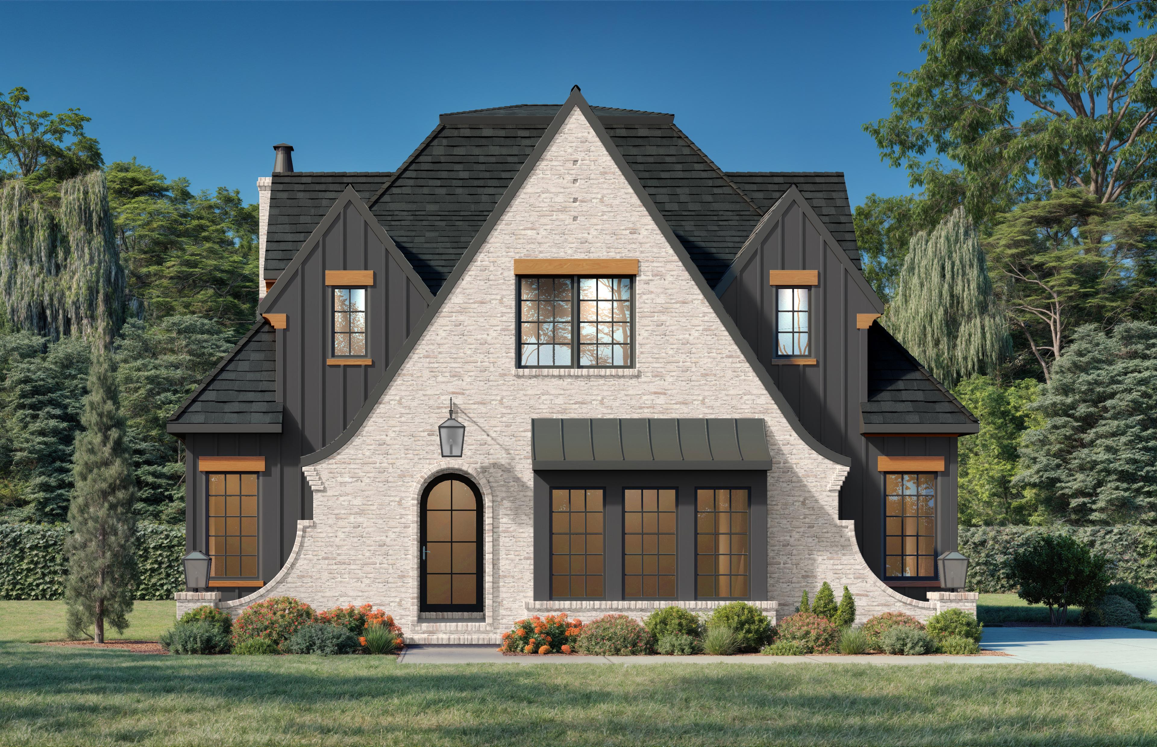 House plan exterior. Two-story home with a gabled roof, brick facade, and dormers. Features include a metal awning and arched entry door.