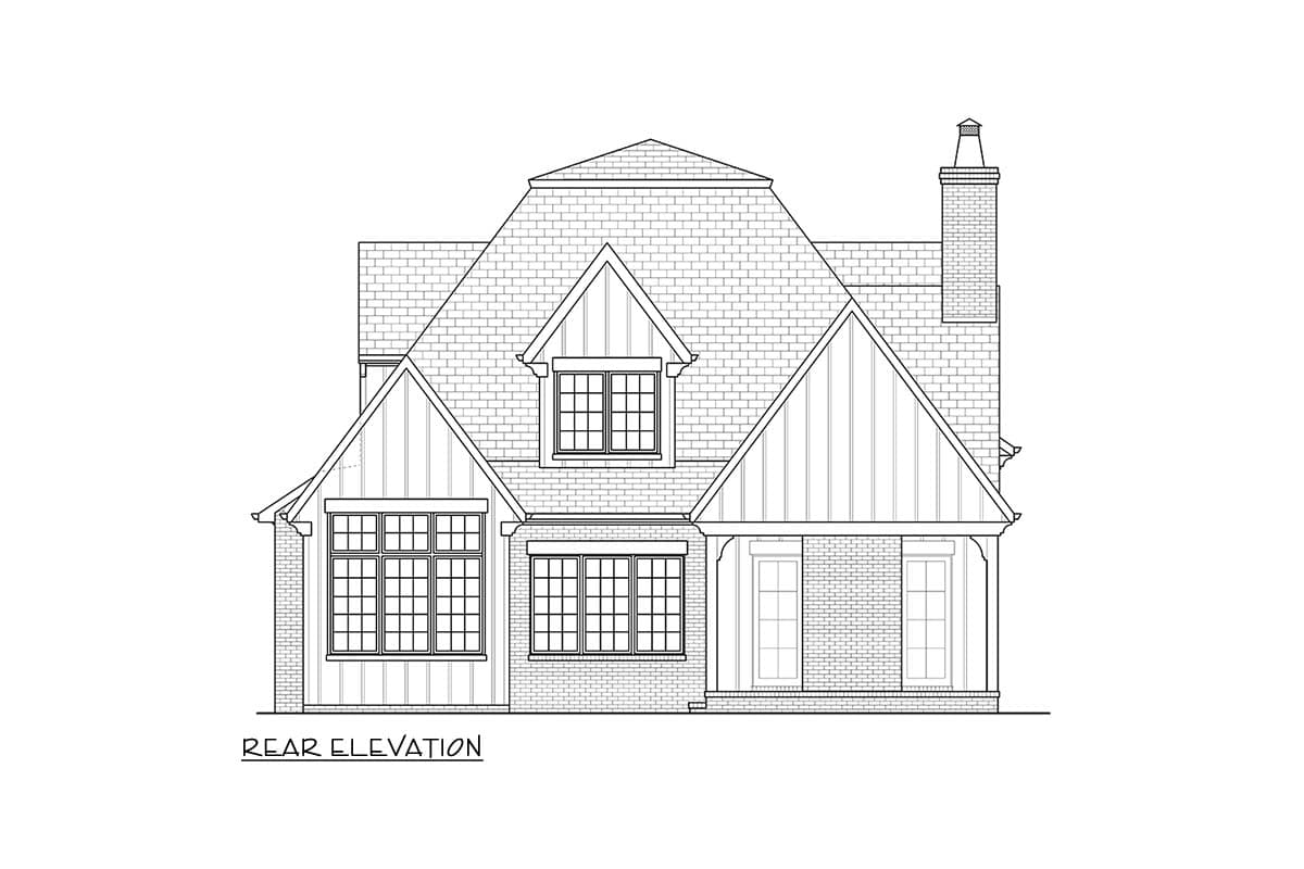 Rear elevation drawing of a two-story house with a prominent dormer, multiple gables, and a brick chimney.