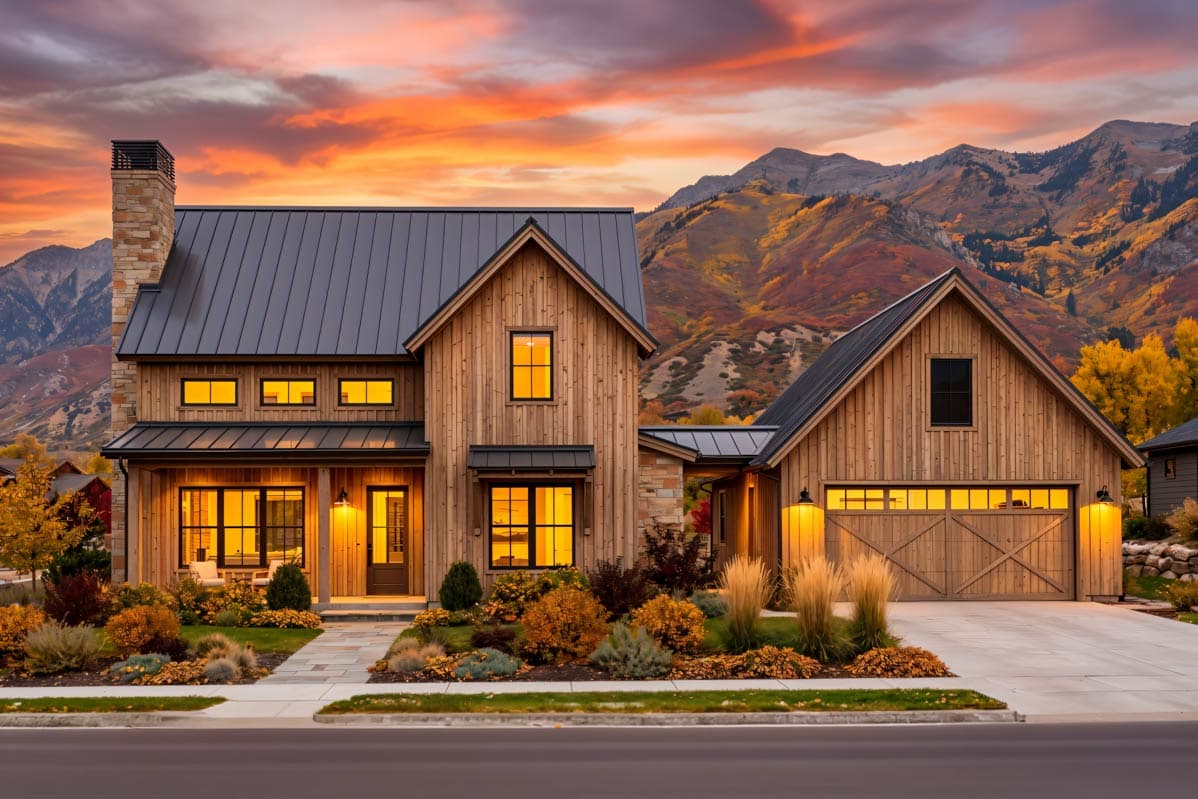 Modern Farmhouse house plan exterior with wood siding, metal roof, stone chimney, and attached garage.