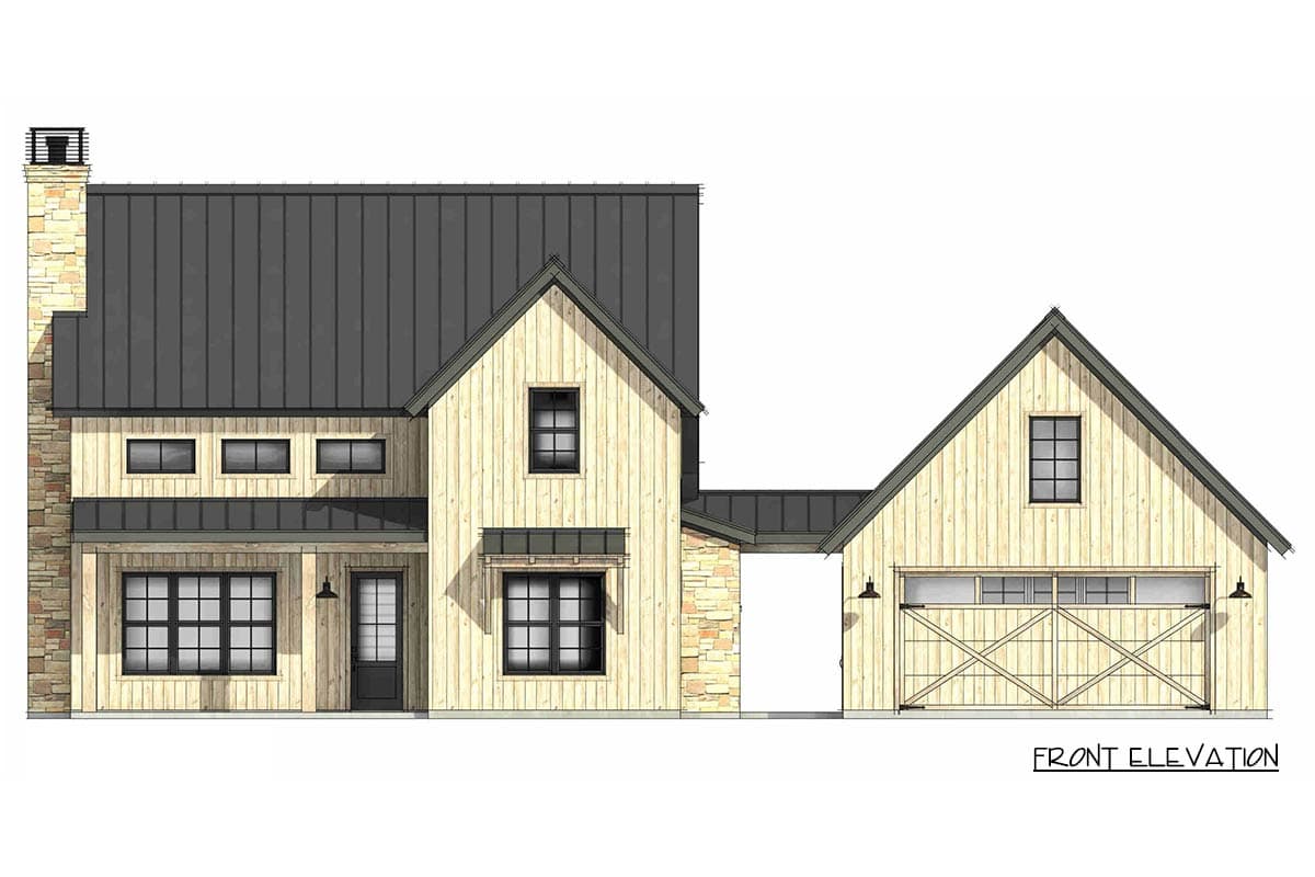 Front elevation house plan with metal roof, stone chimney, large windows, and a detached garage with x-braced doors.