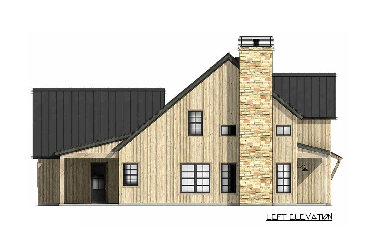 Left elevation of a modern farmhouse house plan with vertical wood siding, metal roof, and stone chimney.