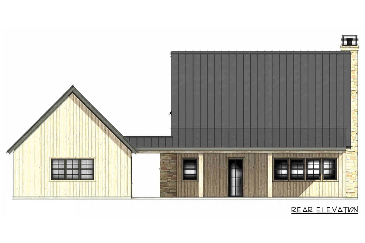 Rear elevation house plan: Modern Farmhouse style with standing seam metal roof, wood siding, stone accents, and gabled dormer.