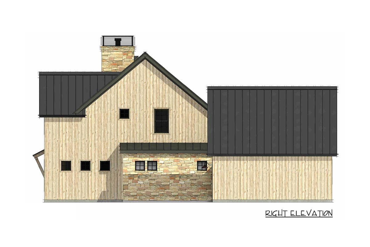 Right elevation house plan. Features vertical wood siding, stone base, metal roof, and a prominent stone chimney with a metal cap.