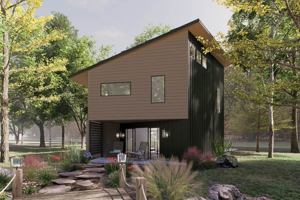 House plan exterior featuring a modern design with a two-story structure, sloped roof, horizontal siding, and vertical dark panels.