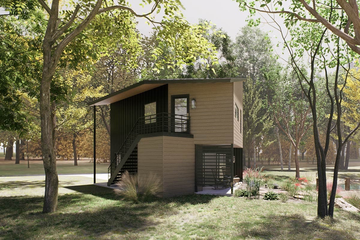 Modern house plan exterior with a sloped roof, exterior stairs, and horizontal siding.