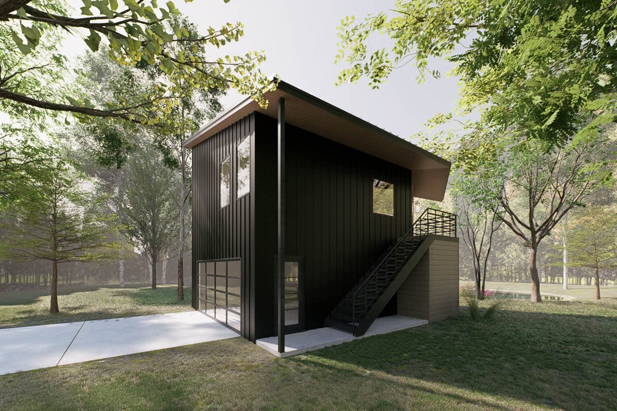 Modern house plan exterior with vertical black siding, glass garage door, and elevated metal stairs leading to the upper level.