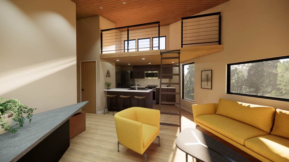 Interior rendering of a living area with a kitchen, island, ladder to loft, and large windows.