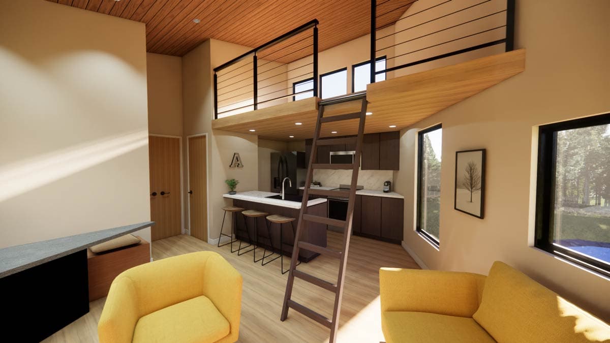 Interior rendering: Kitchen with island, lofted bedroom with ladder access, and open living space with large windows.