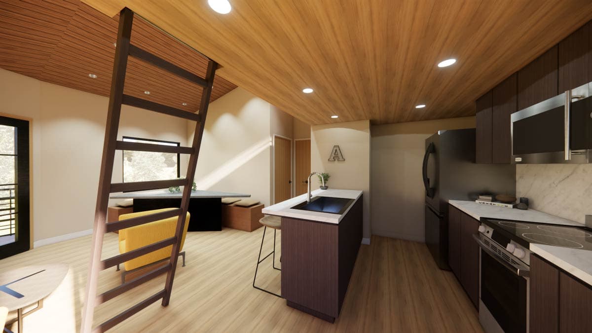 Modern kitchen with island sink, dark wood cabinetry, stainless steel appliances, and an adjacent dining area with a ladder.