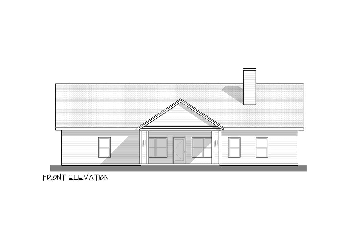 Front elevation drawing of a single-story house with a covered front porch, central gable, and chimney.