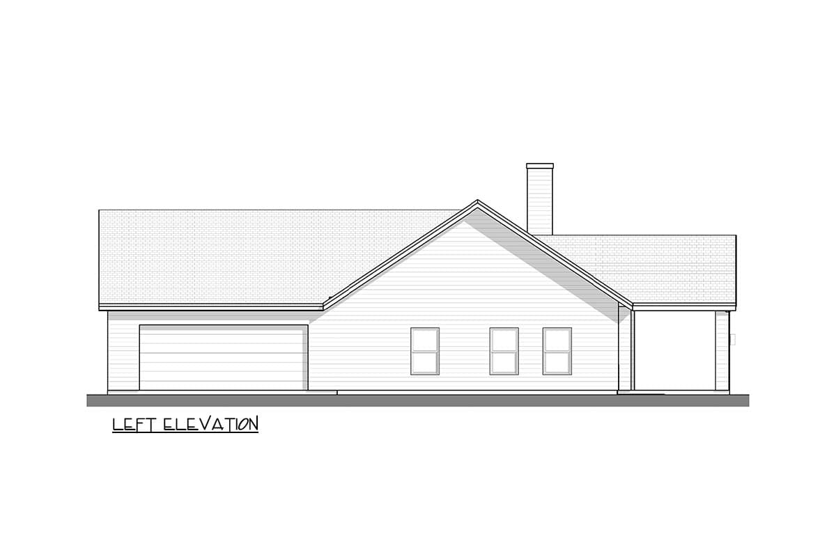 House plan left elevation showing a one-story home with attached garage, prominent gable roofline, and covered porch.