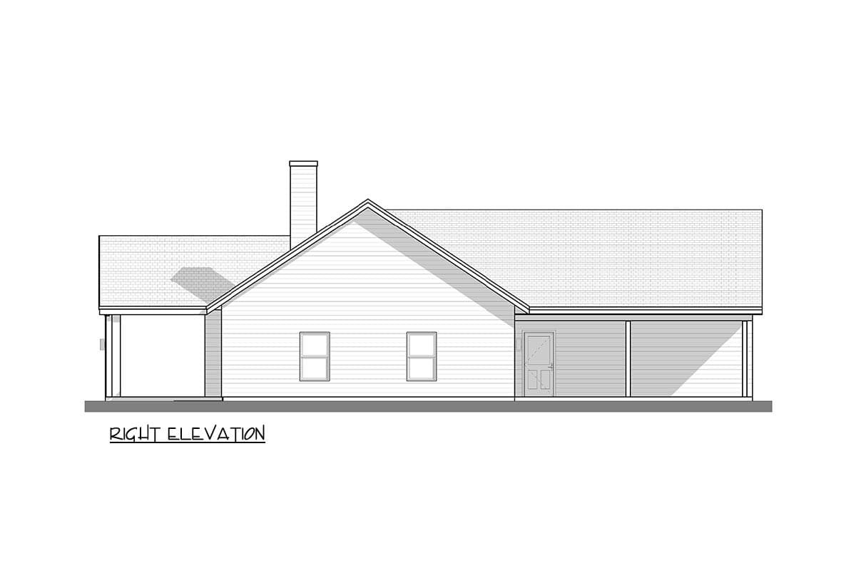 Right elevation house plan drawing showing a single-story home with a prominent gable, chimney, covered front porch, and side porch.