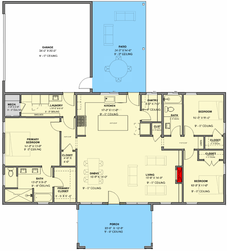 Plan 380028ASH: Modern Ranch House Plan with Expansive Rear Porch - Floor Plan - Main Level - Modern, Ranch