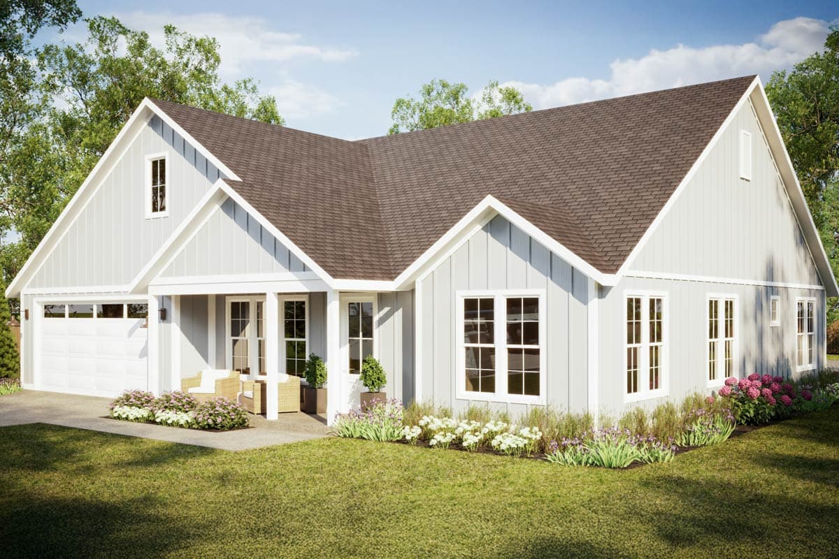 Exterior rendering of a light blue farmhouse-style home with a brown roof and a well-manicured lawn.