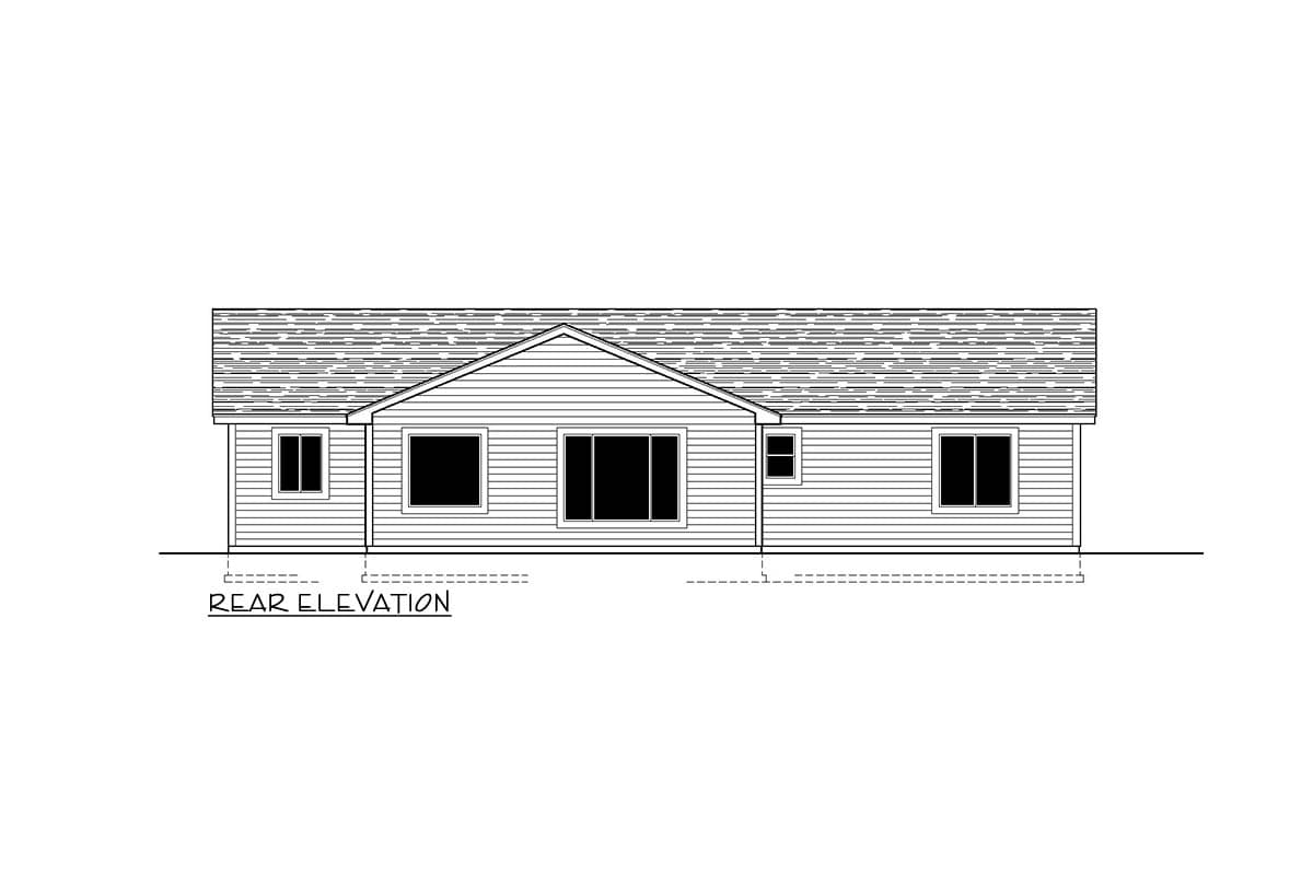 Rear elevation drawing of a single-story house with horizontal siding and a gable roof, showing multiple windows.