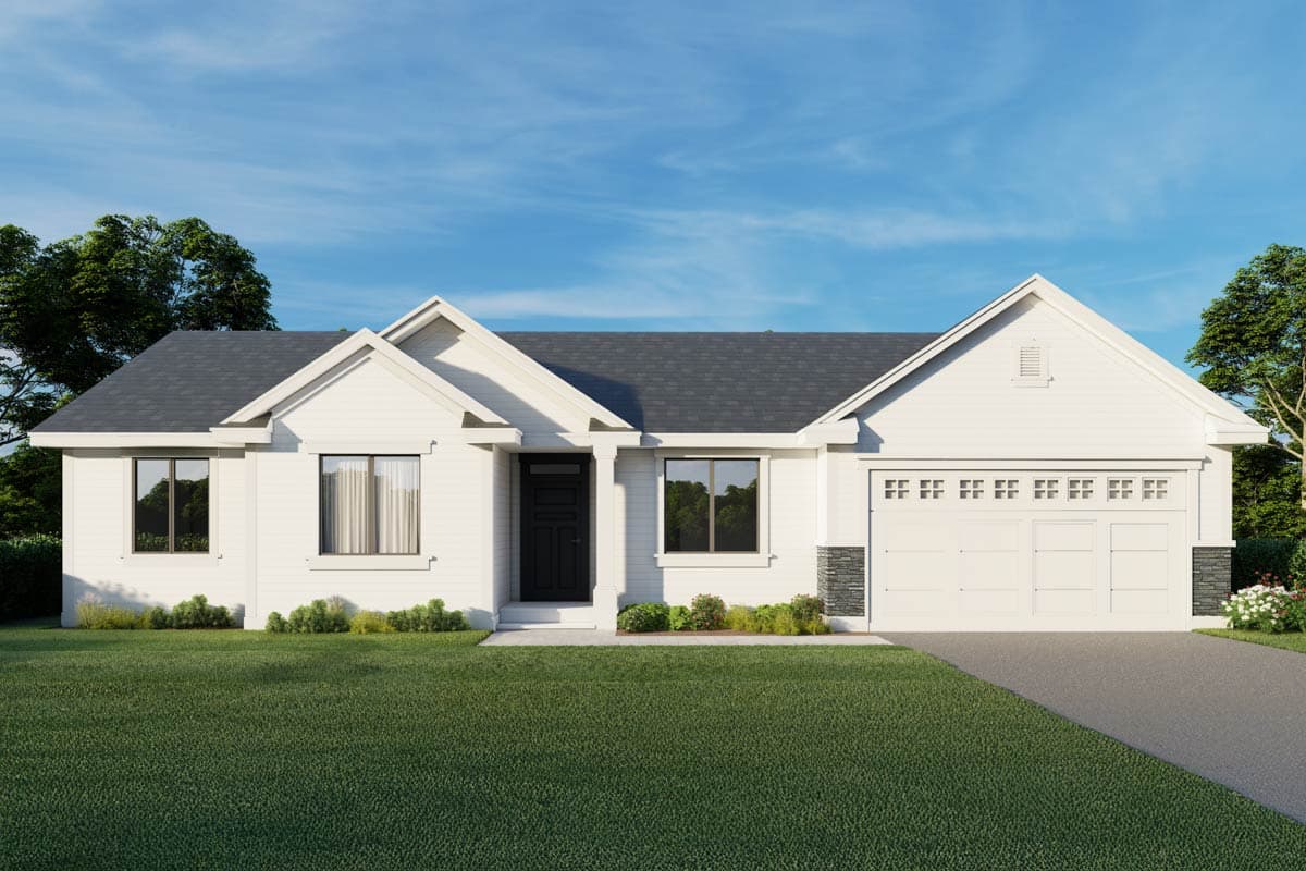 House plan exterior. Ranch style with a gabled roofline, front-facing garage, and decorative stone accents on the facade.