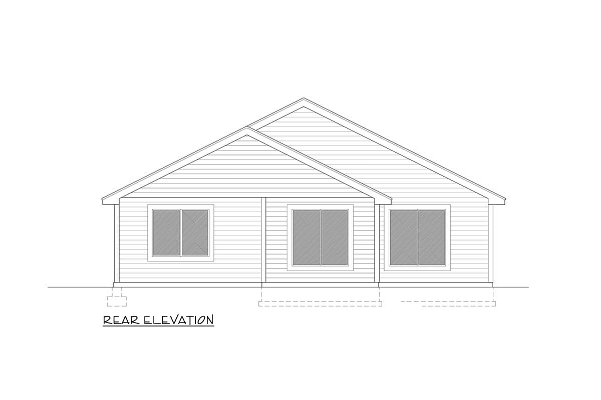Rear elevation drawing of a single-story house with horizontal siding and three windows.