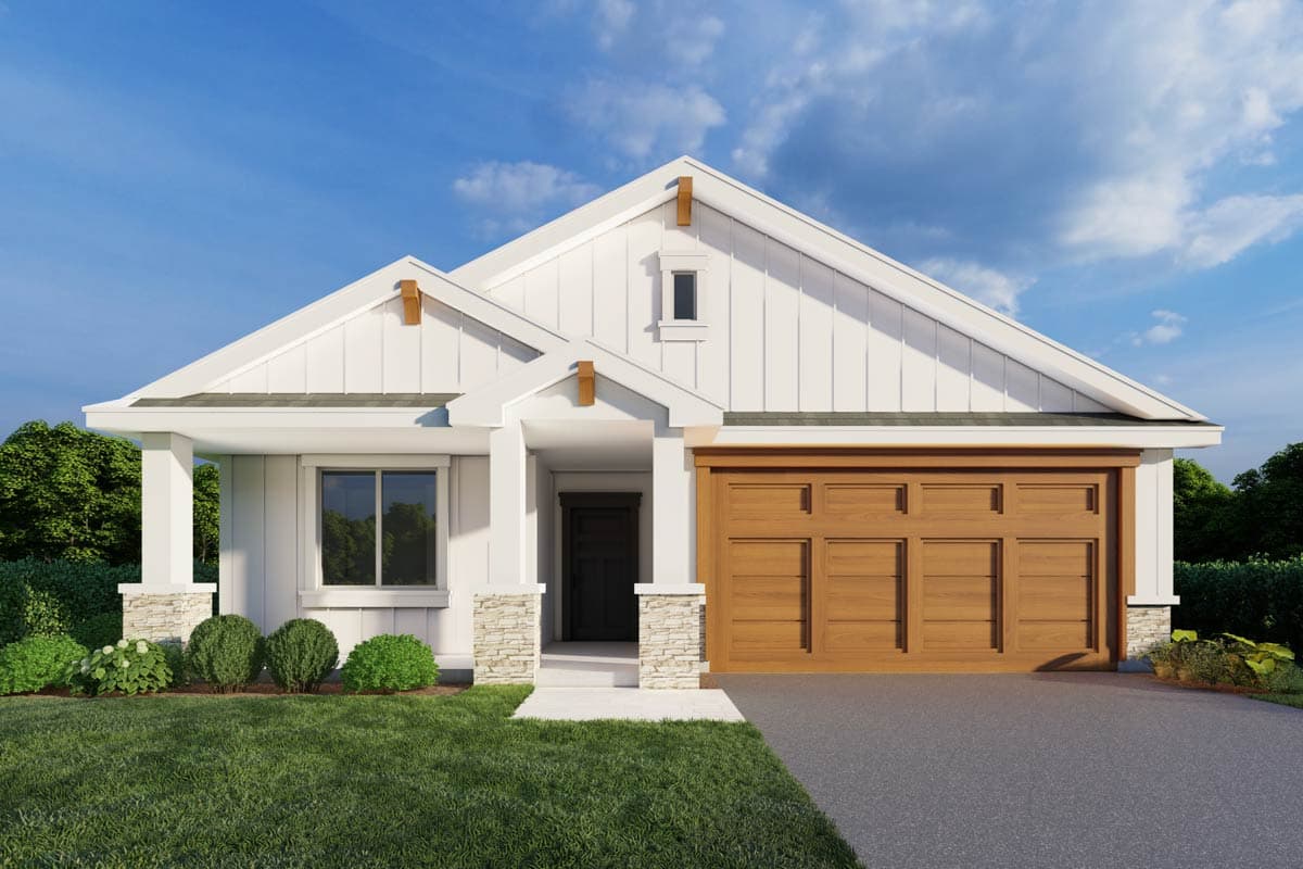 House plan exterior. Modern farmhouse style, one-story. Features include a front porch, gabled roof, and a two-car garage.