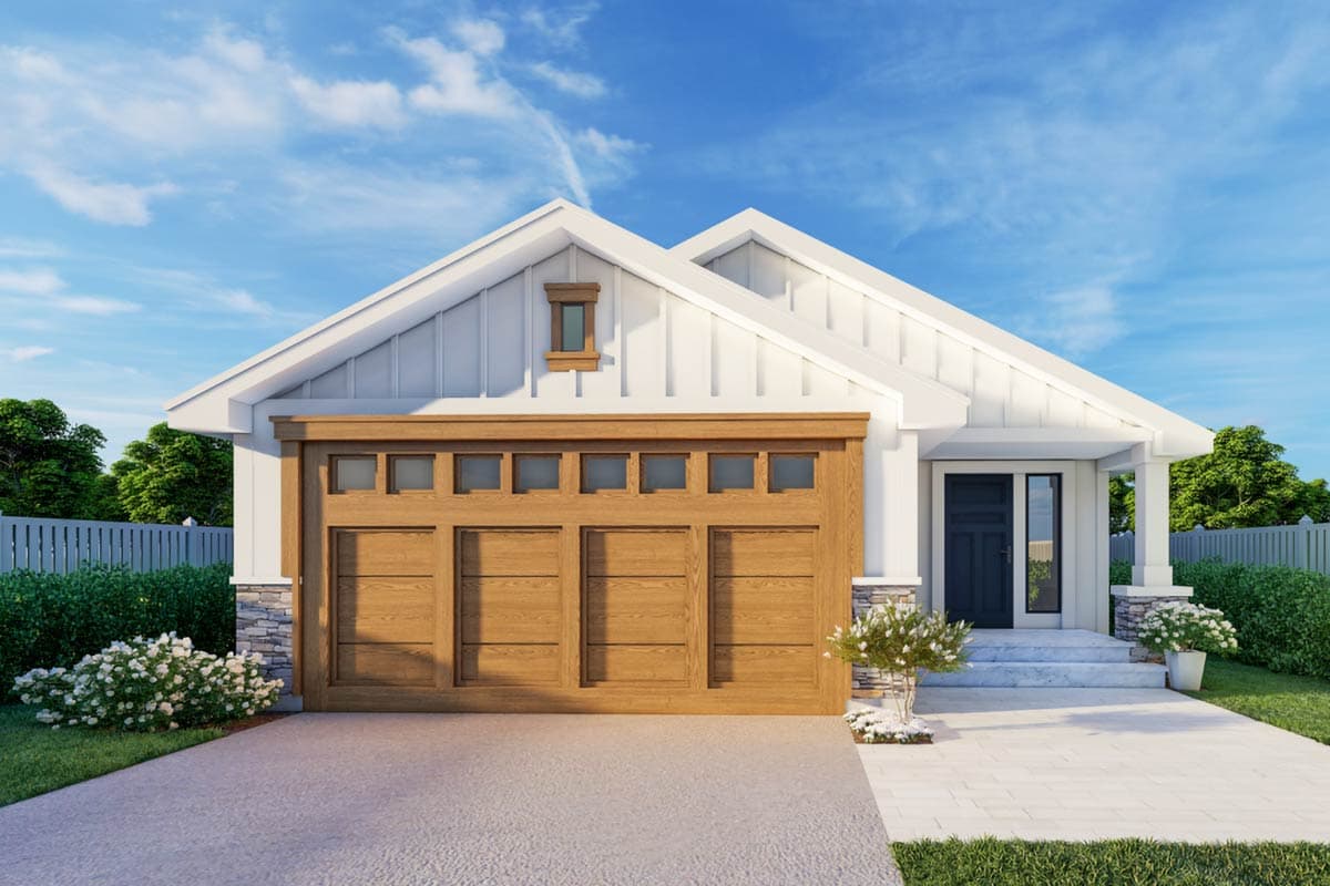 House plan exterior featuring Modern Farmhouse style with a two-car garage, front porch, and gable roof. Vertical siding and stone accents.