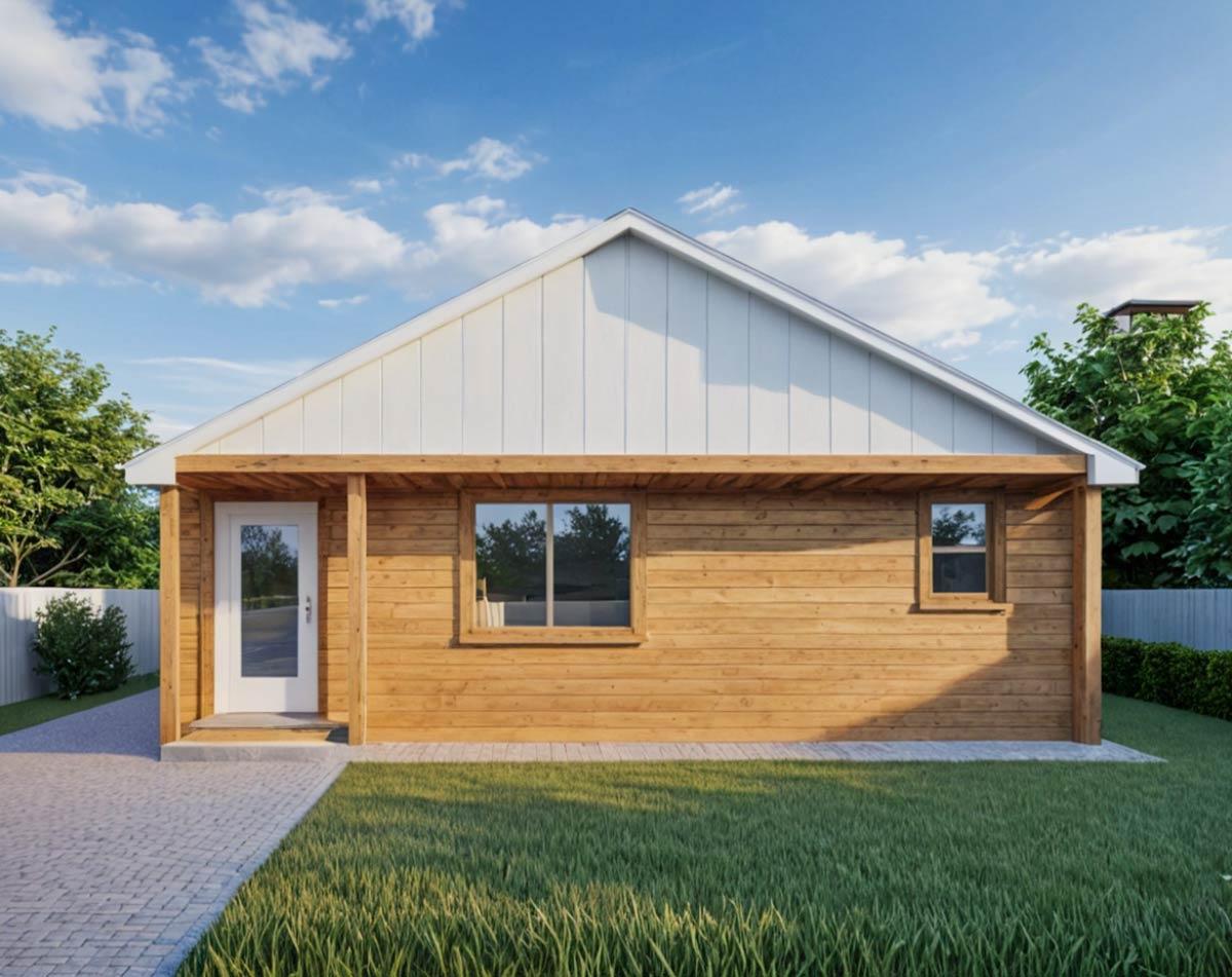 House plan exterior. One-story modern home with wood siding, gable roof, covered porch entry, and two windows.