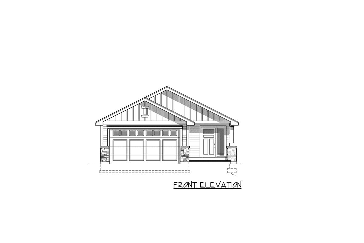 Front elevation of a single-story house plan with a prominent gable, a three-car garage, and a covered entry porch.