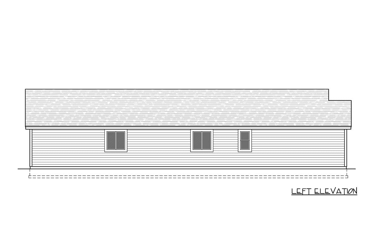 Left elevation drawing of a single-story house with horizontal siding, a hip roof, and three windows.