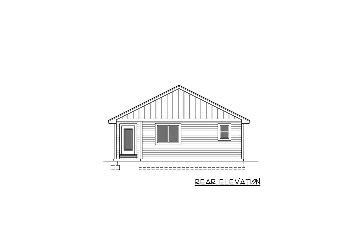 Rear elevation drawing of a one-story house plan with a gable roof, single door, and two windows.