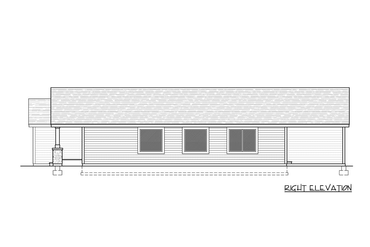 Right elevation drawing of a one-story house plan with a porch, stone column, and three windows.