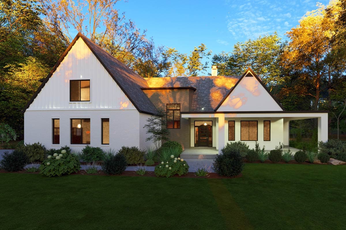 House plan exterior. Two-story Modern Farmhouse with gabled roof, covered porch, and board-and-batten siding. Features large windows and dark trim.