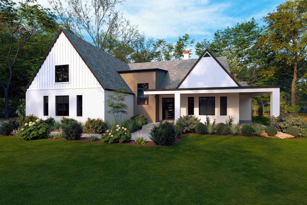 Modern house plan exterior featuring intersecting gables, board and batten siding, large windows, and a covered entry.