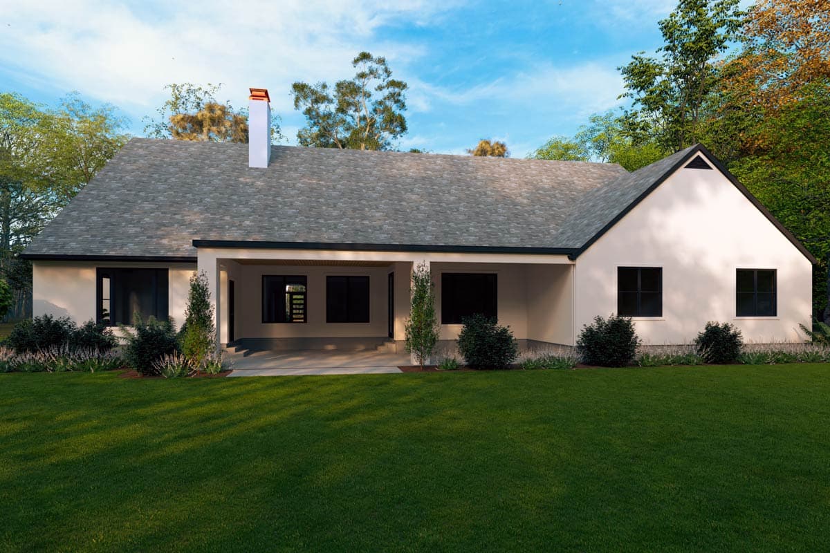 House plan exterior: One-story Modern Farmhouse with gabled front, covered porch, and prominent chimney.