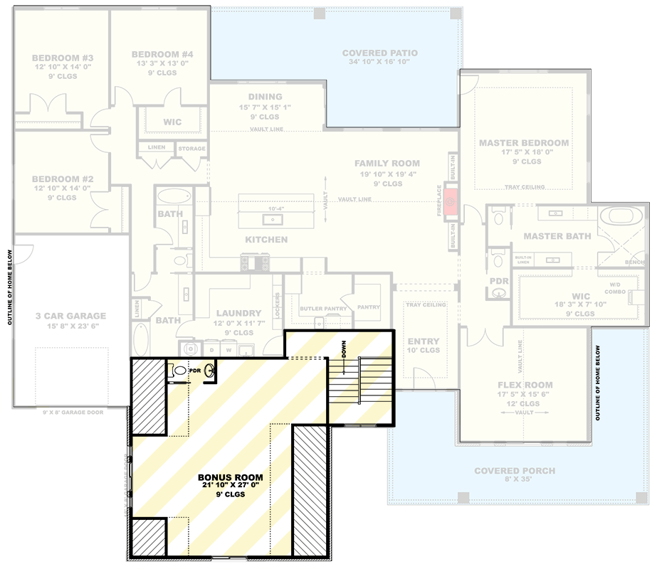 Plan 506050BRY: Transitional House Plan with Wraparound Porch and Bonus Room - Floor Plan - Optionally Finished Bonus Room - Transitional