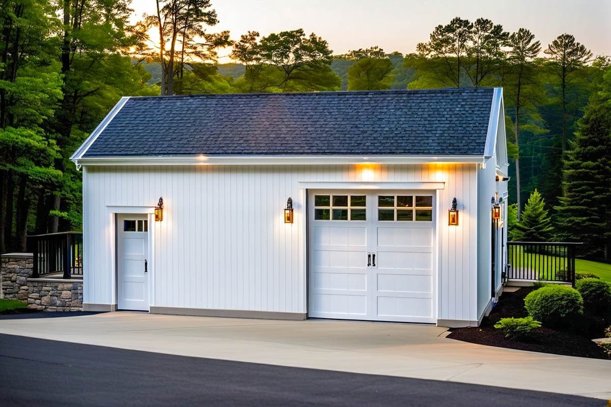 White modern farmhouse garage exterior with two white garage doors and a side entry door, dusk.