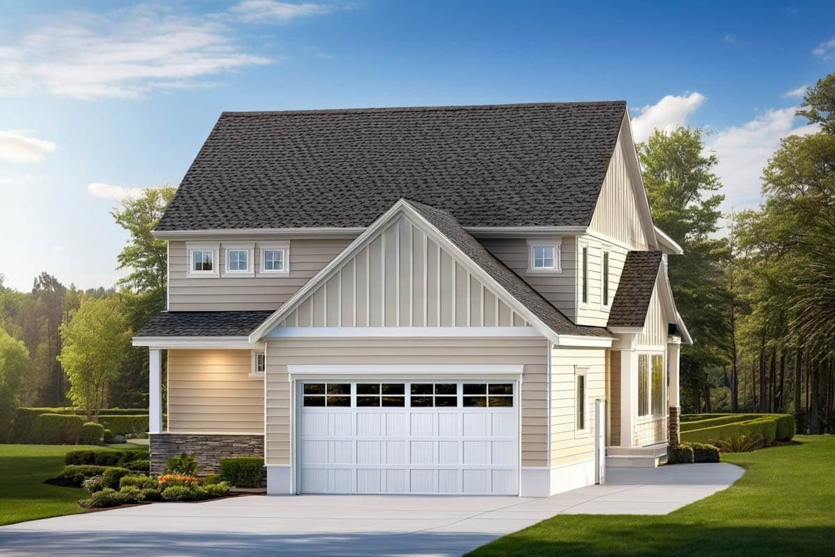 Two-story house plan exterior with a gabled front, vinyl siding, stone accents, and a two-car garage.
