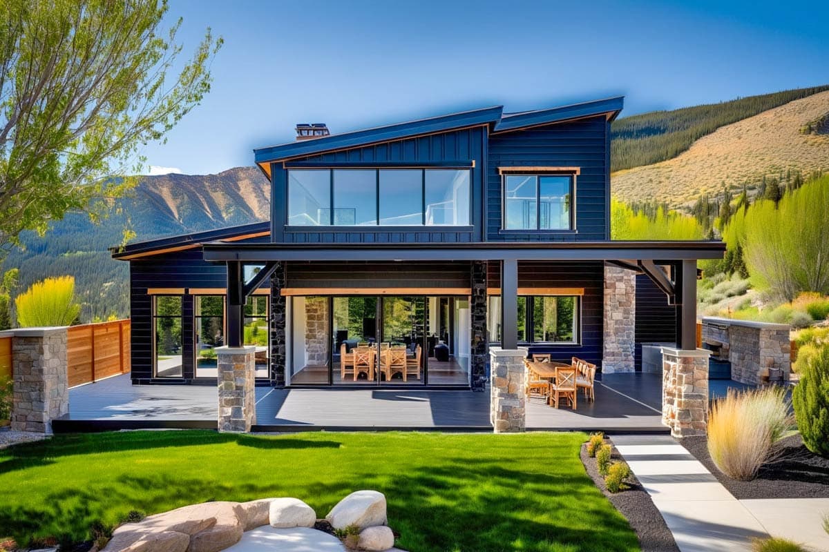 Modern house plan exterior with dark siding, stone accents, large windows, covered patio, and a multi-level roofline.