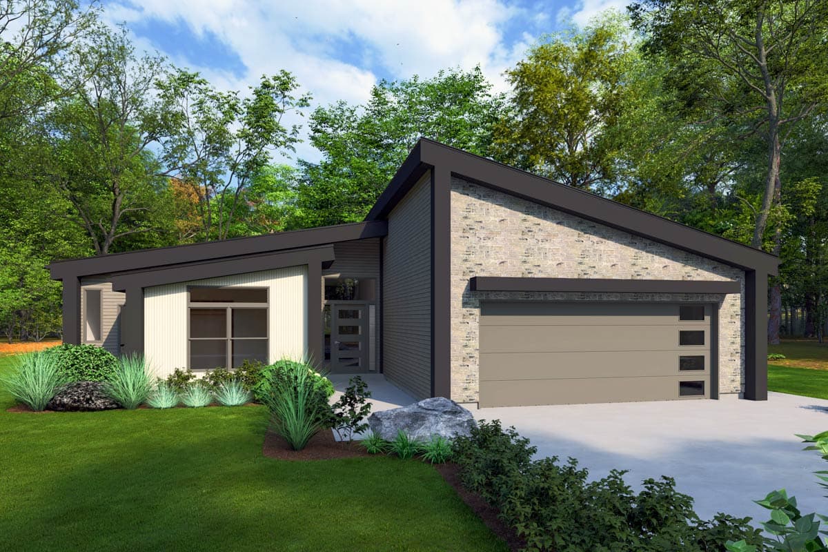 House plan exterior. Modern style with a single story, angled roof, and attached garage. Stone and siding exterior with large windows and entry door.