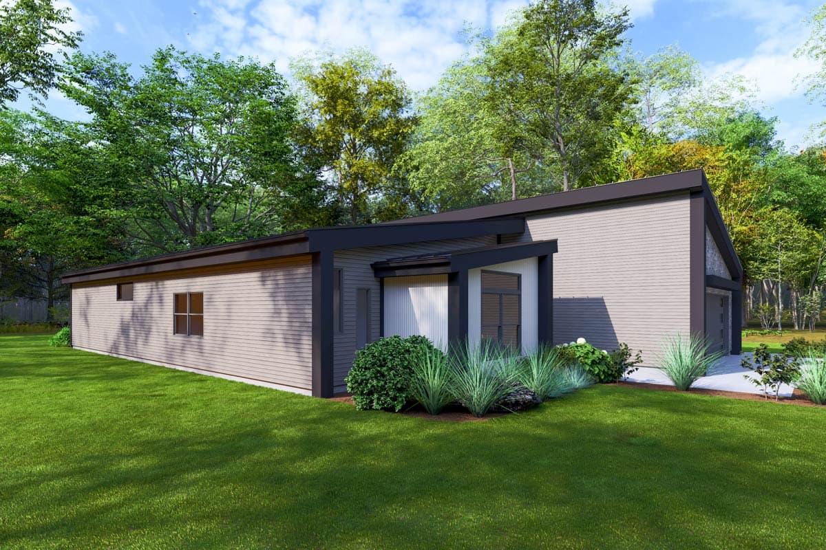 Modern house plan exterior: single-story, asymmetrical rooflines, horizontal siding, and an attached garage.