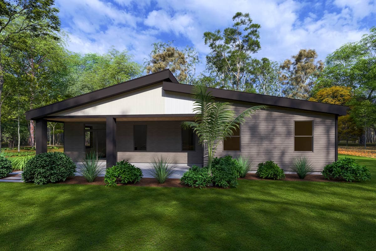 House plan exterior: Single-story modern home with a covered porch, horizontal siding, and a low-slope gable roof.