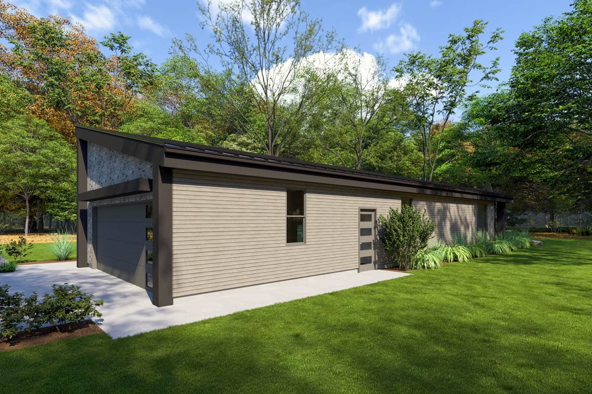 Modern house plan exterior with shed roof, stone accent, horizontal siding, garage door, and front door.
