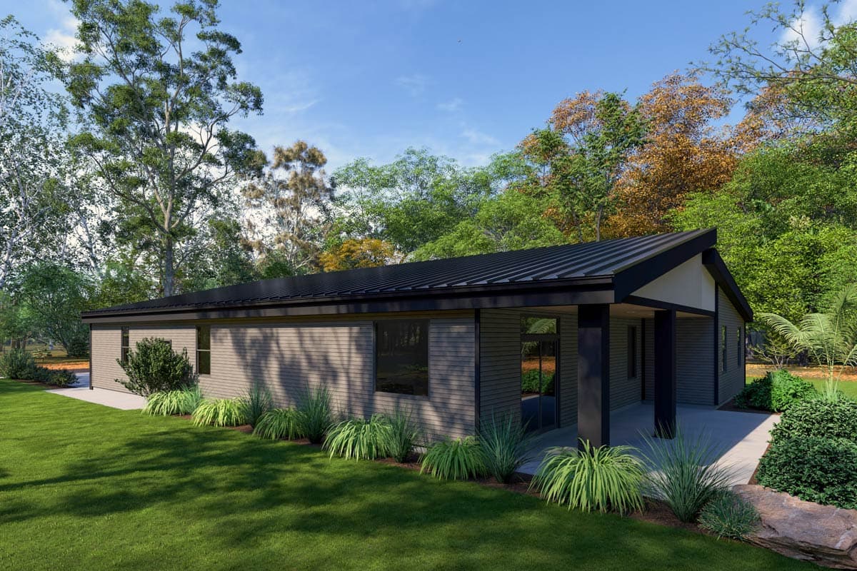 House plan exterior of single-story modern home with a low-pitched gable roof, horizontal siding, and covered porch.