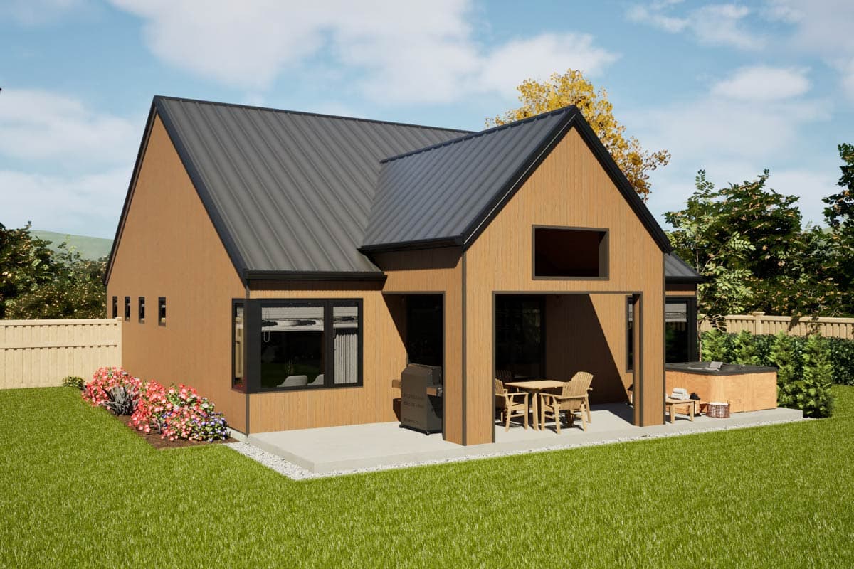 Modern house plan exterior: one story, gabled roof, wood siding, covered patio with seating, and a hot tub.
