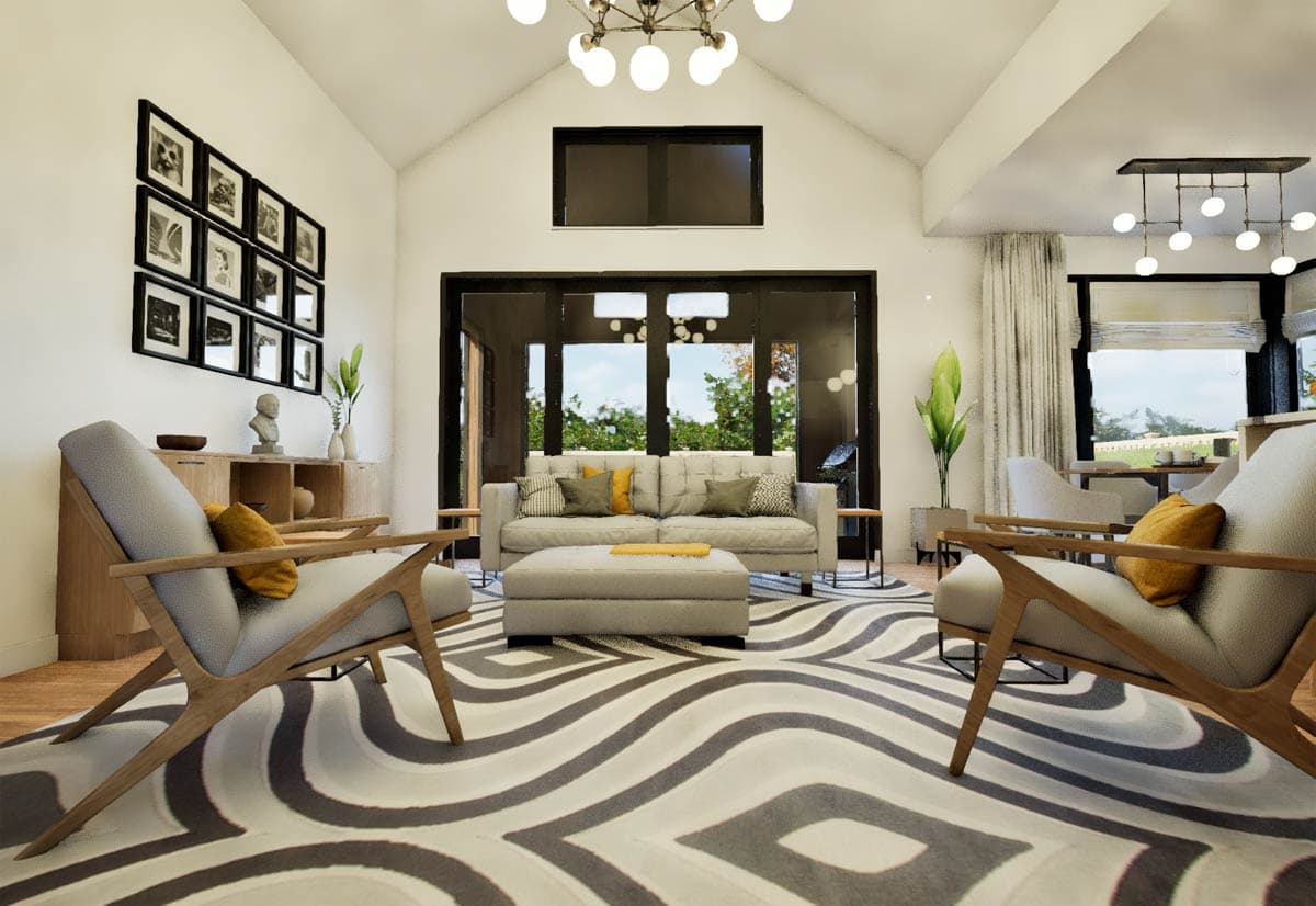 Living room rendering with vaulted ceiling, large windows, sofas, chairs, and a graphic area rug.