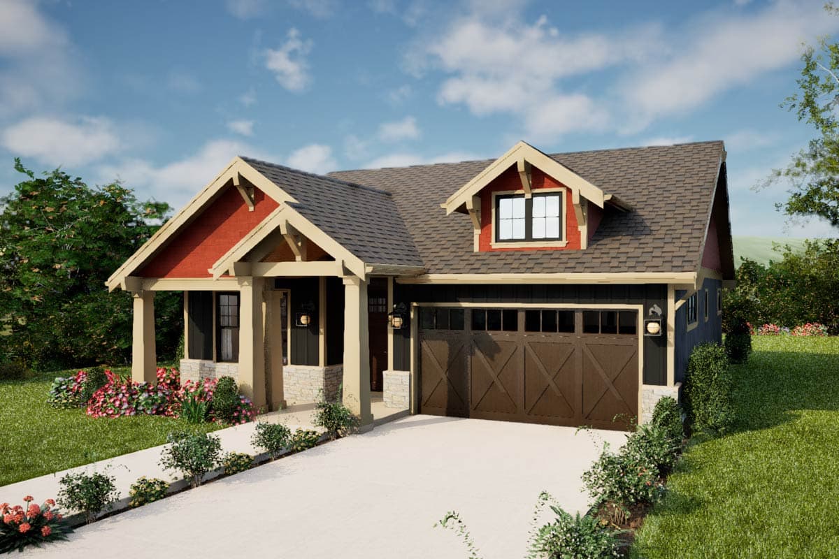 House plan exterior. Craftsman style, single-story home with a gabled roof and a front porch. Features include a dormer and garage.
