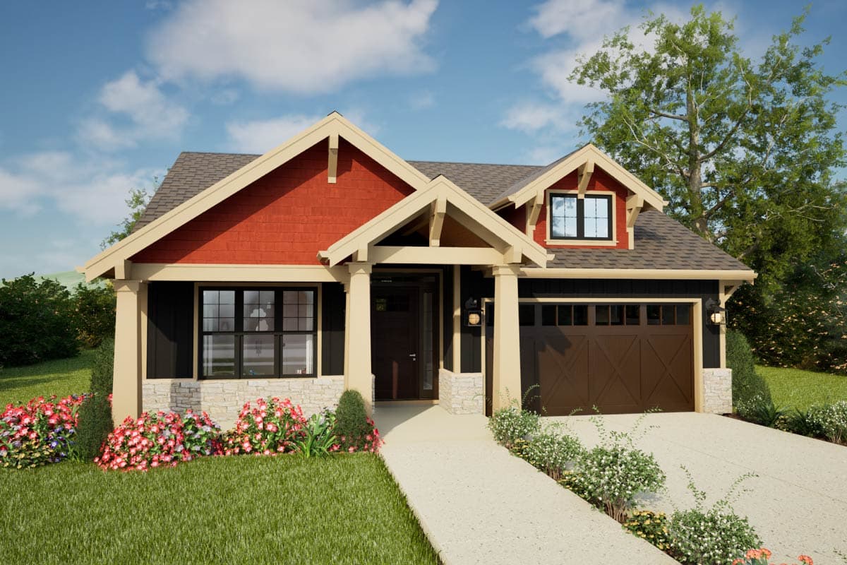 Craftsman style house plan exterior with gabled roof, stone accents, covered entry, and attached garage.