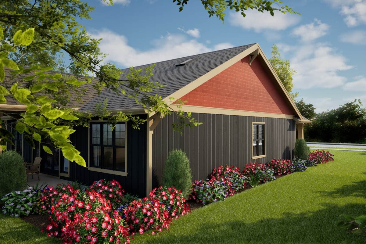 House plan exterior with dark vertical siding, red gabled dormer, and tan trim.