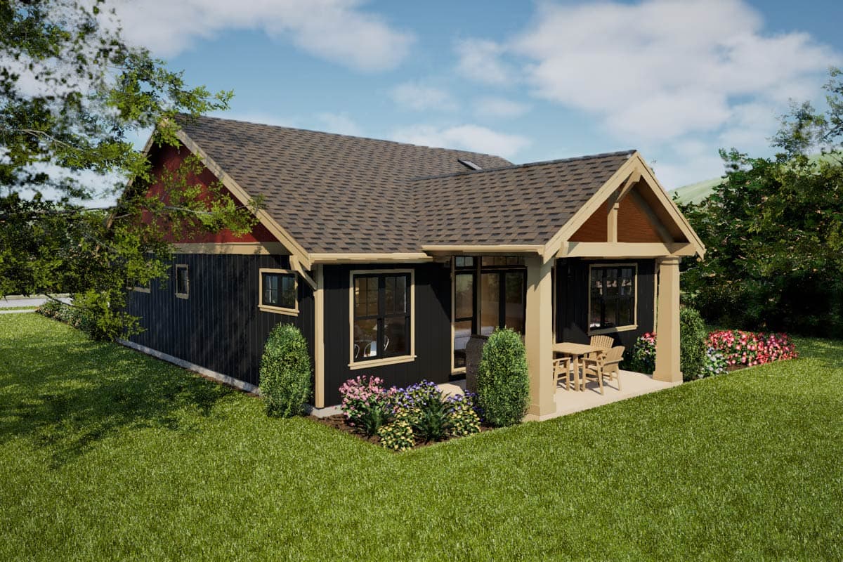 House plan exterior: Modern style, one story, black siding, red gable accent, covered porch with seating.